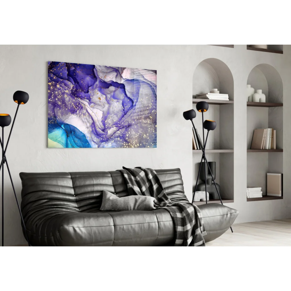 Swirling Purple Galaxy Glass Wall Art with Gold Sparkle | Contemporary Home Wall Art | vintageantiquesgifts.com