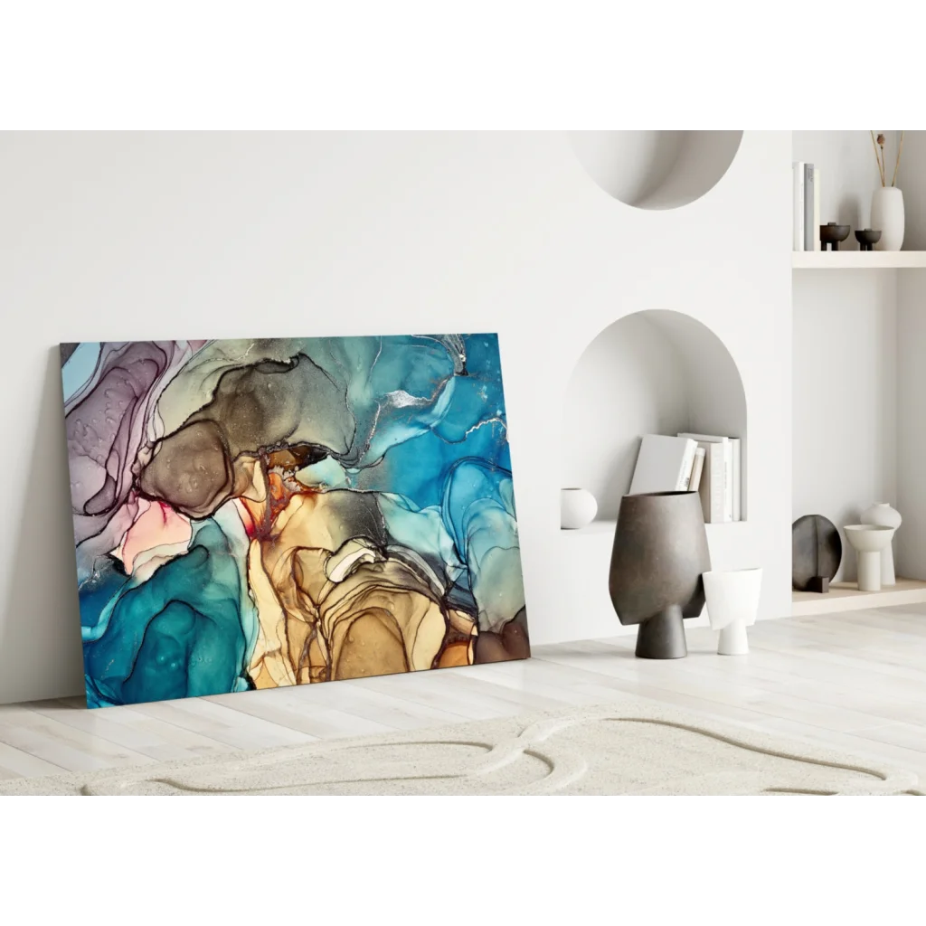 Swirling Teal and Gold Abstract Glass Wall Art Canvas | Modern Wall Art Decor | vintageantiquesgifts.com