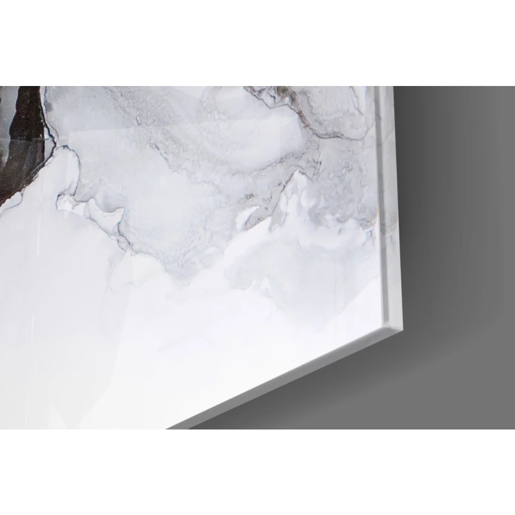 Sleek white-framed minimalist marble glass wall art with gray veining