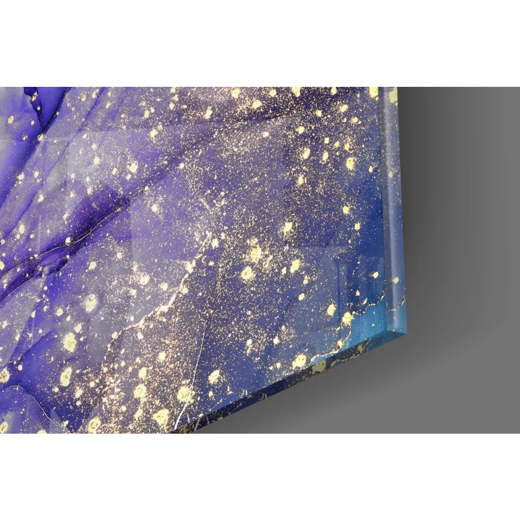 Swirling purple galaxy glass wall art with gold sparkle stars