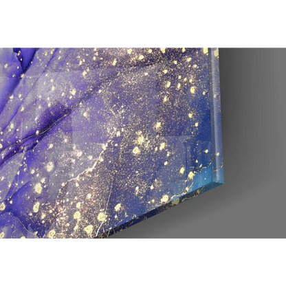 Swirling purple galaxy glass wall art with gold sparkle stars