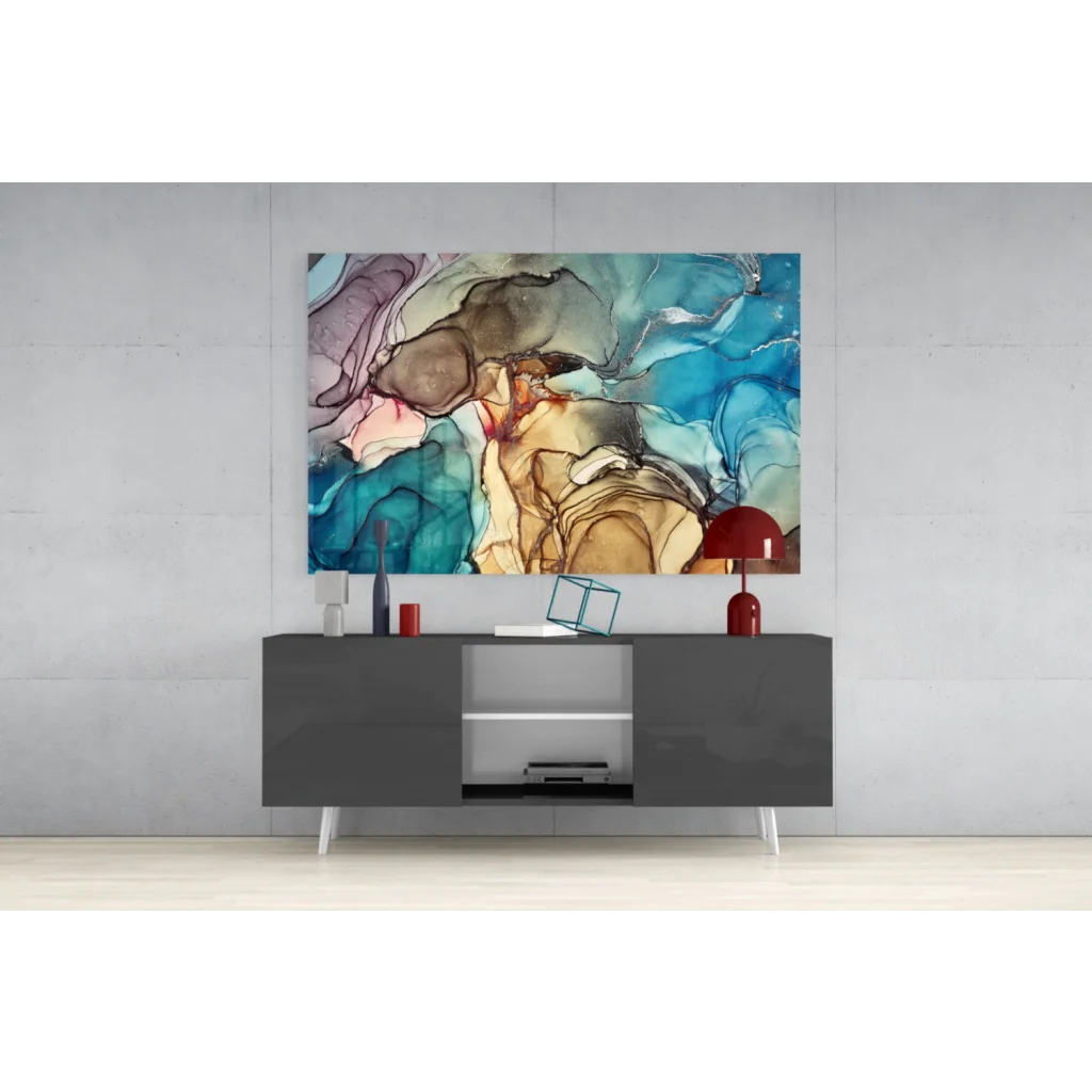 Vibrant swirling teal and gold abstract glass wall art canvas