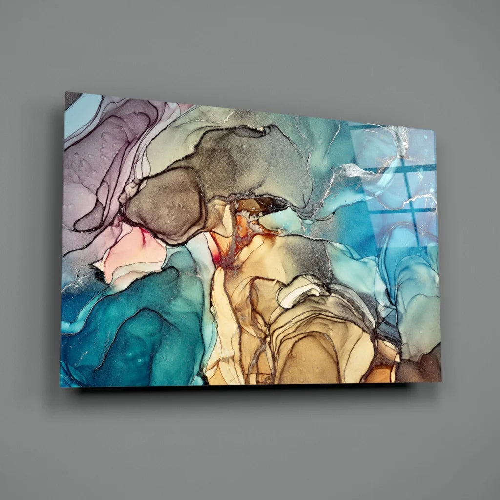 Swirling Teal and Gold Abstract Glass Wall Art Canvas | Glass Wall Art Print | vintageantiquesgifts.com