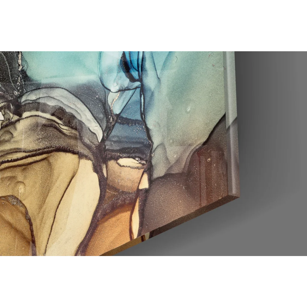 Swirling teal and gold abstract glass wall art with fluid textures