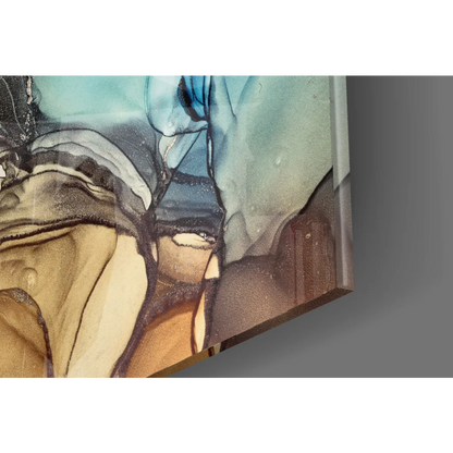 Swirling teal and gold abstract glass wall art with fluid textures