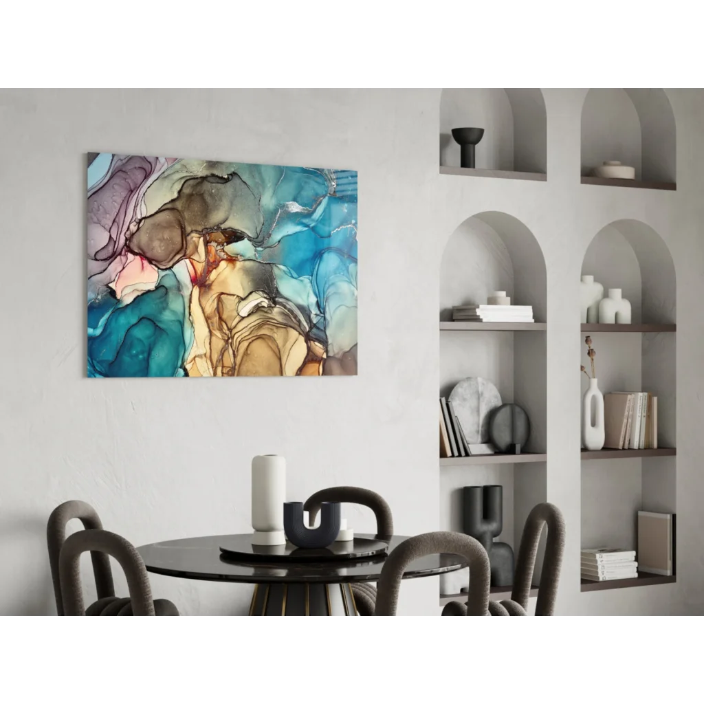 Vibrant swirling teal and gold abstract glass wall art canvas