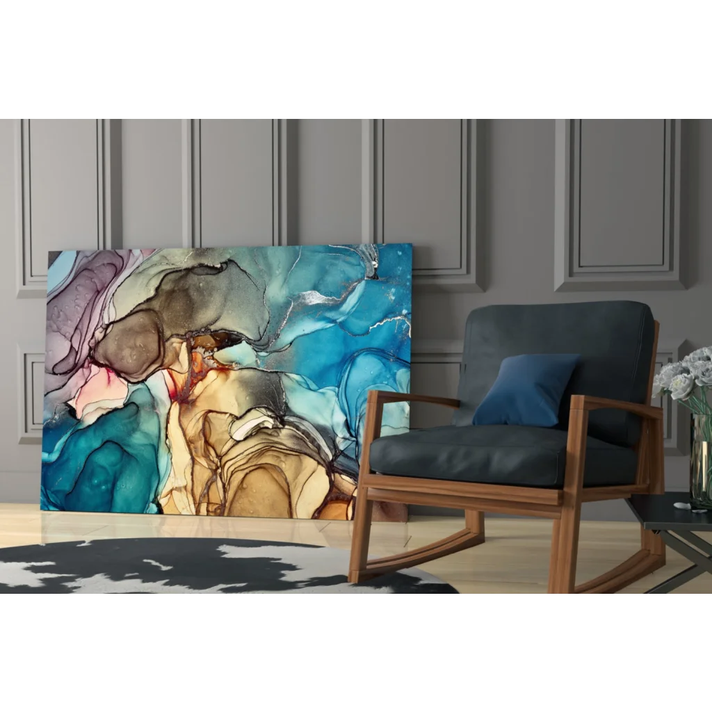 Swirling teal and gold abstract glass wall art canvas with vibrant blues and fluid patterns