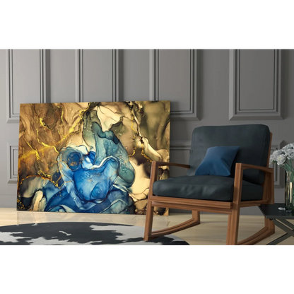 Vibrant abstract glass wall art with swirling blue and gold patterns
