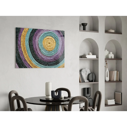 Vibrant purple teal gold glass wall art with concentric circles