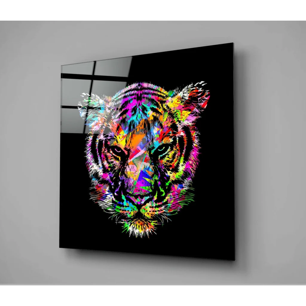 Stunning Tiger Glass Wall Art with Bold Rainbow Colors | Glass Wall Art Print | vintageantiquesgifts.com