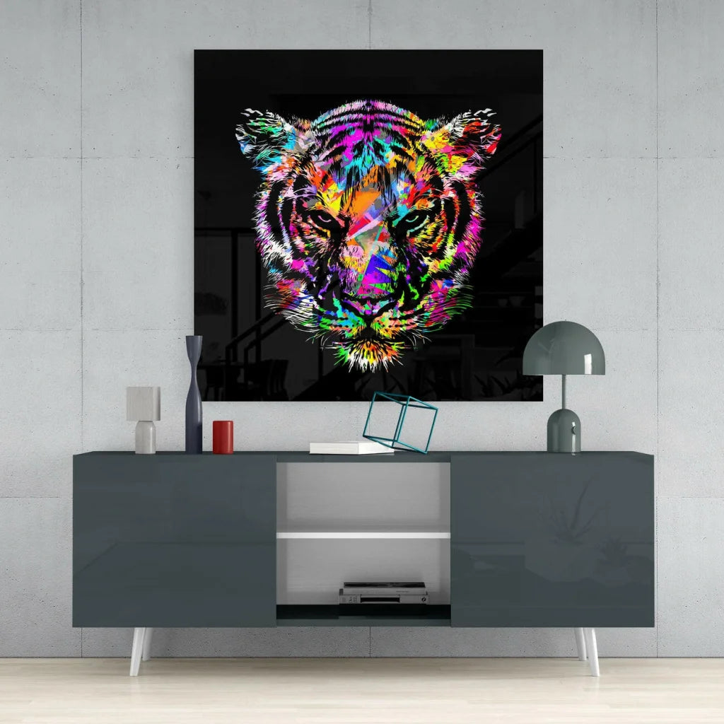 Stunning Tiger Glass Wall Art with Bold Rainbow Colors | Contemporary Home Wall Art | vintageantiquesgifts.com