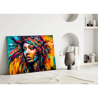 Vibrant abstract woman portrait canvas wall art with multicolored hair