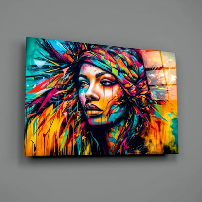 Vibrant abstract woman portrait canvas wall art with colorful teal orange pink yellow splatters