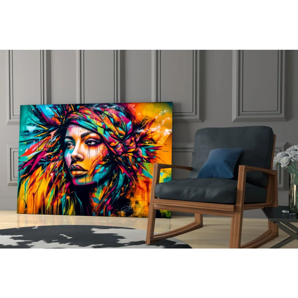 Vibrant abstract woman portrait wall art canvas with multicolored hair