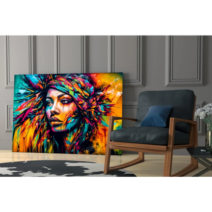 Vibrant abstract woman portrait wall art canvas with multicolored hair