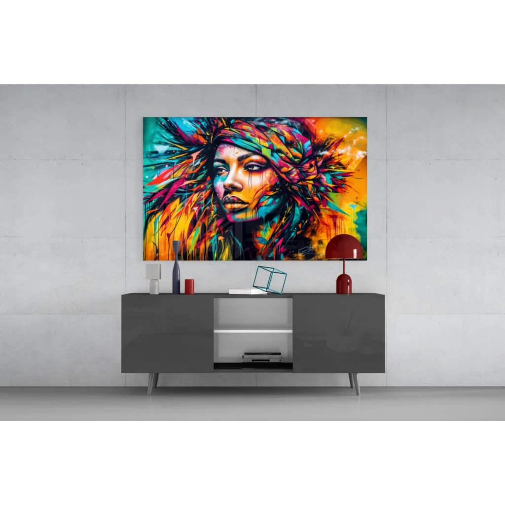 Vibrant abstract woman portrait canvas wall art in teal, orange, pink, yellow