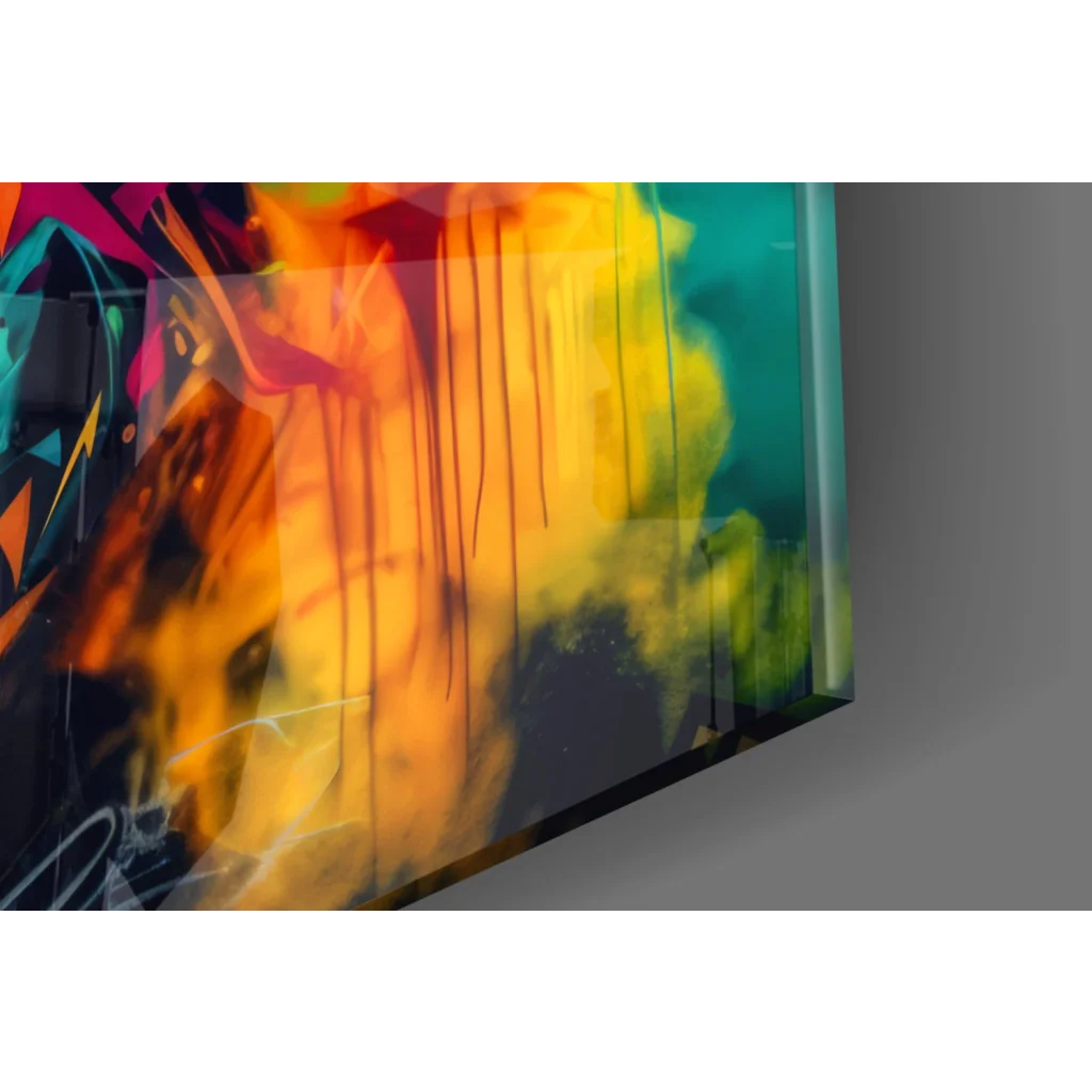 Vibrant abstract woman portrait canvas wall art with orange, yellow, teal splashes