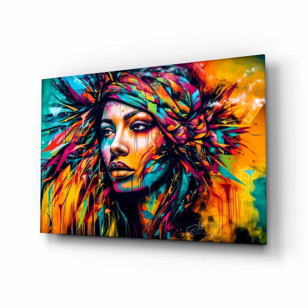 Vibrant abstract woman portrait canvas wall art with bold splattered colors