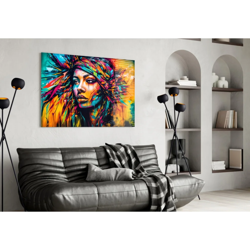 Vibrant abstract woman portrait canvas wall art in teal orange pink