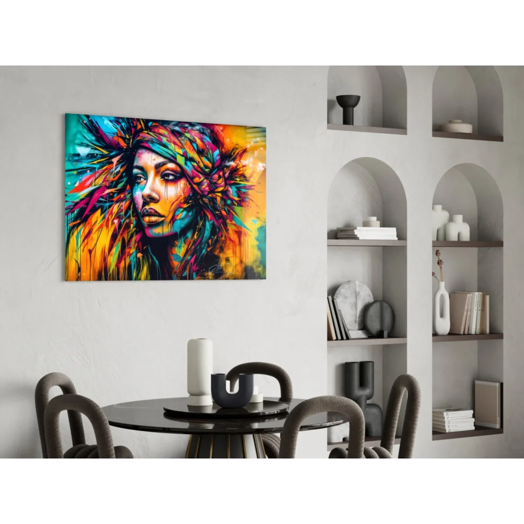 Vibrant abstract woman portrait canvas wall art in teal orange pink purple