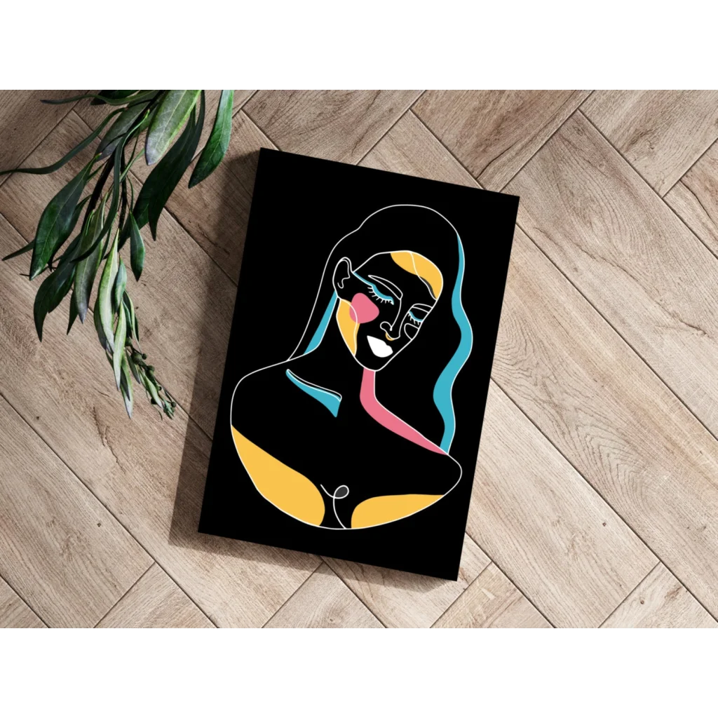 Colorful abstract woman silhouette on black canvas art print