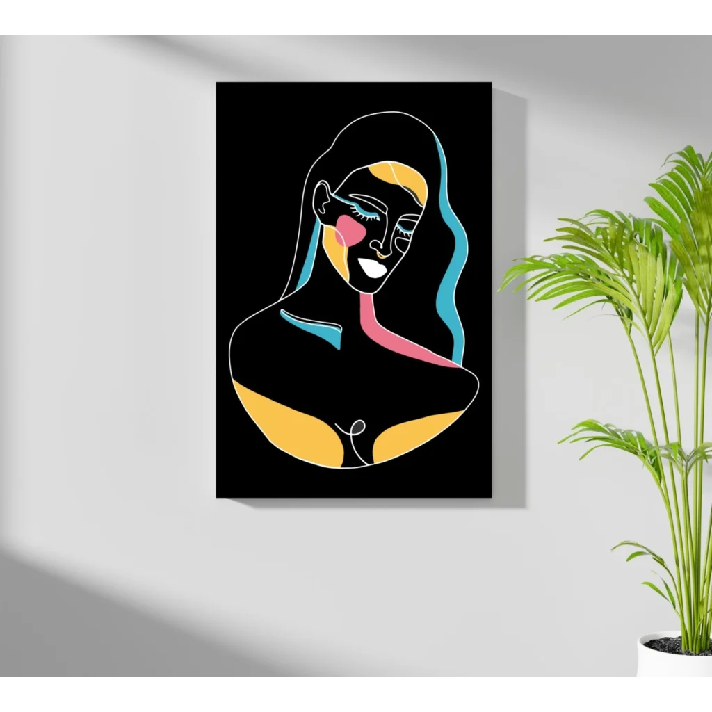 Colorful abstract woman silhouette in black geometric shapes on aluminum print
