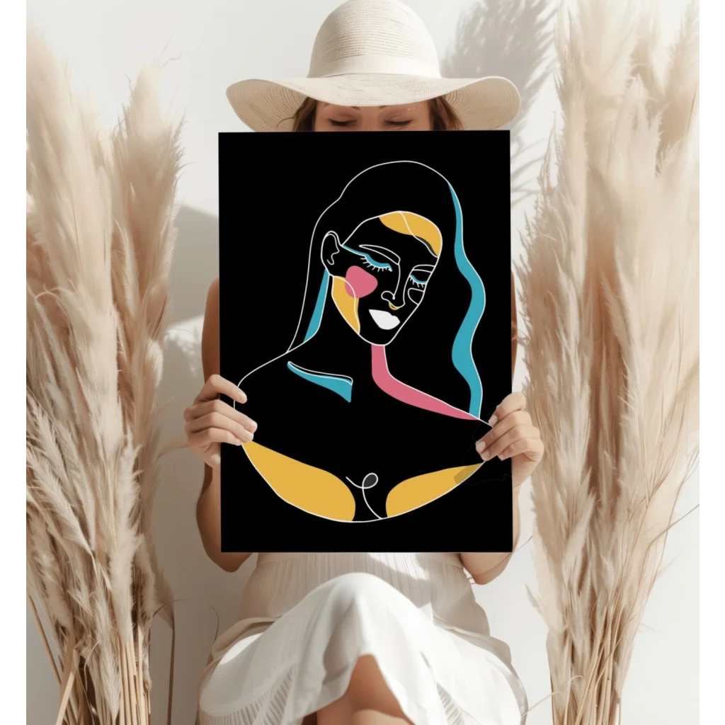 Vibrant abstract woman silhouette on black aluminum wall art print