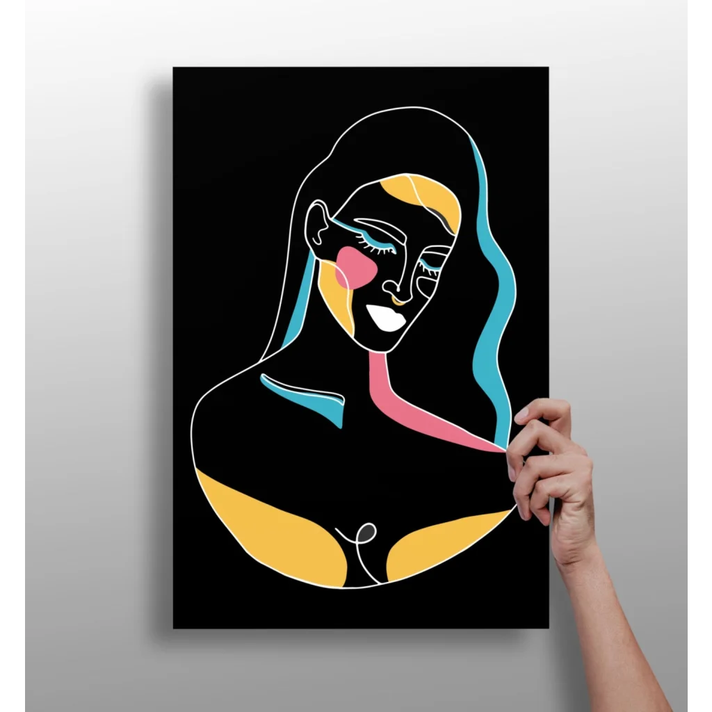 Black abstract poster with colorful geometric shapes and smiling woman silhouette on aluminum