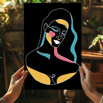 Neon yellow pink abstract woman silhouette aluminum wall art print