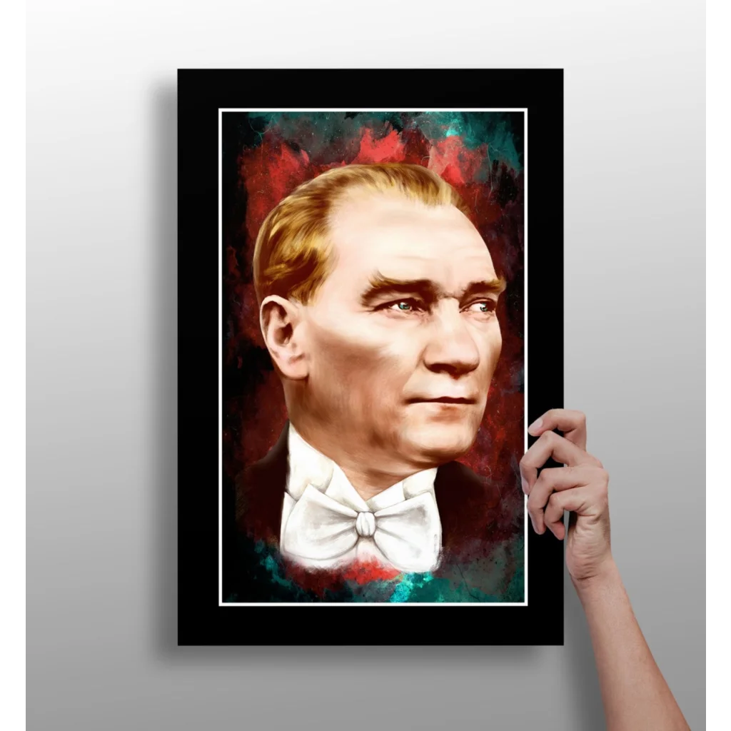 Black-framed Atatürk portrait with red blue abstract background on aluminum print