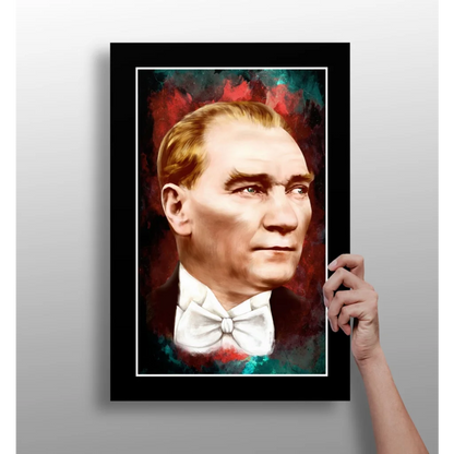 Black-framed Atatürk portrait with red blue abstract background on aluminum print