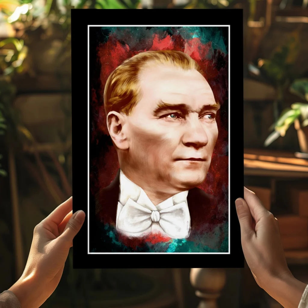 Black-framed Atatürk portrait with white bow tie on colorful background, aluminum print
