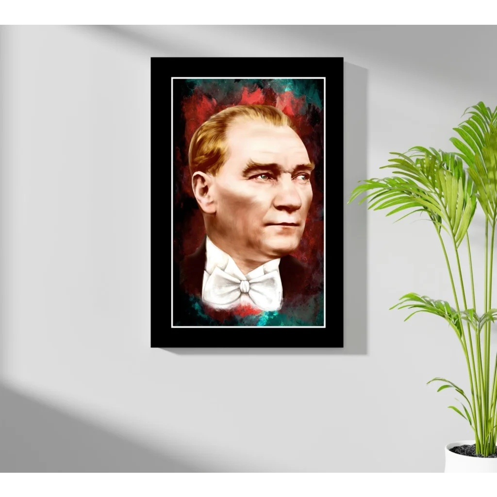 Black-framed Ataturk portrait with white bow tie and green shirt on aluminum print