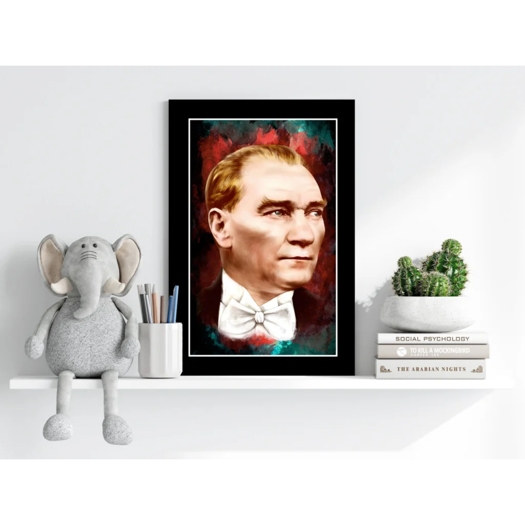 Black framed Atatürk portrait on colorful background, sleek aluminum print