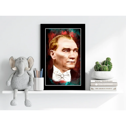 Black framed Atatürk portrait on colorful background, sleek aluminum print