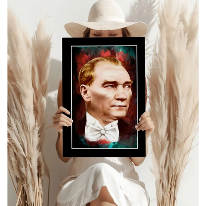 Black framed Atatürk portrait on colorful abstract background, aluminum print