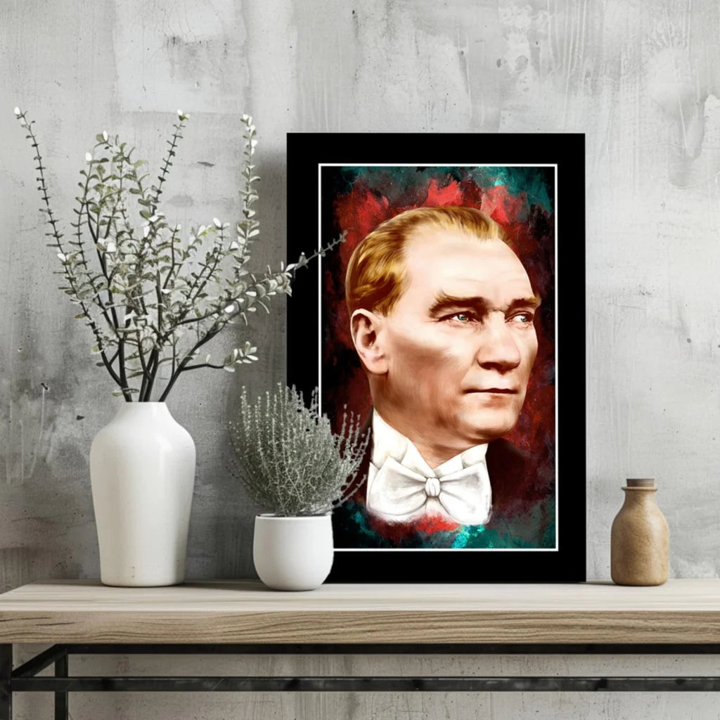 Colorful abstract portrait of Atatürk in black frame on sleek aluminum print