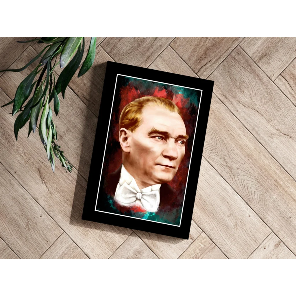 Black-framed Ataturk portrait with bow tie on colorful background, sleek aluminum print