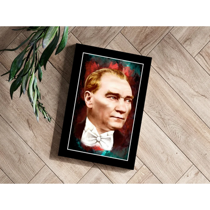 Black-framed Ataturk portrait with bow tie on colorful background, sleek aluminum print
