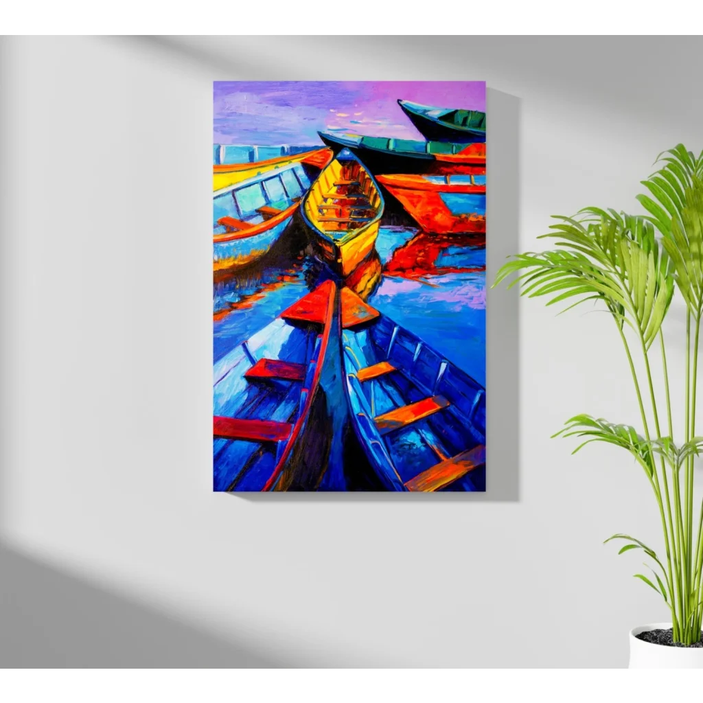 Vibrant abstract colorful boats in harbor on aluminum print