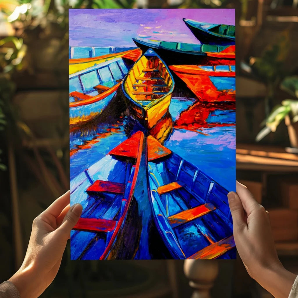Vibrant impressionist colorful boats abstract on aluminum print