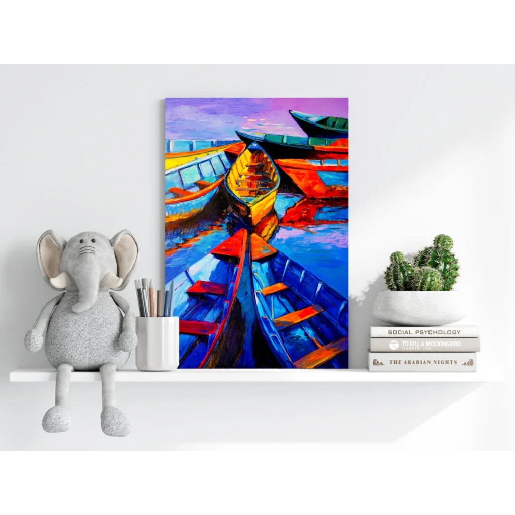 Vibrant abstract painting of colorful boats in harbor on aluminum print