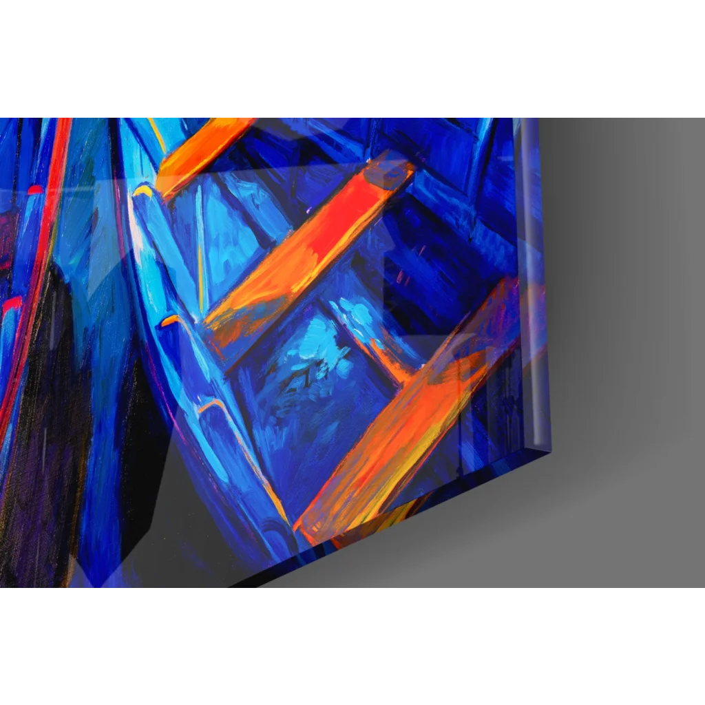 Vibrant blue orange abstract glass wall art of colorful boats in harbor
