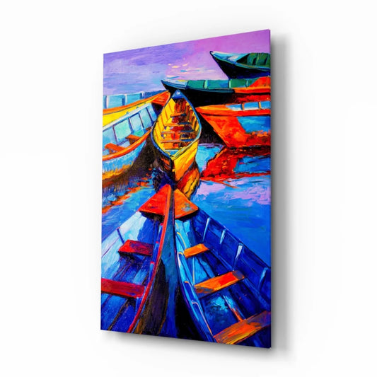 Vibrant colorful boats glass wall art with bold abstract harbor scene