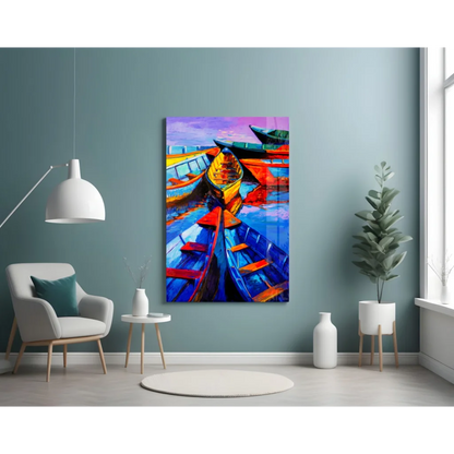 Vibrant colorful boats glass wall art with bold abstract harbor scene