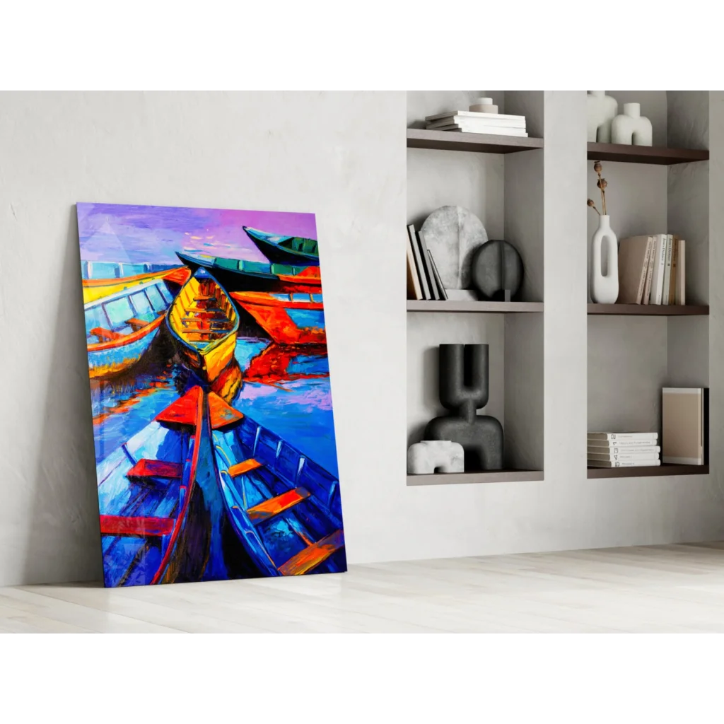 Vibrant colorful boats glass wall art with bold abstract harbor scene