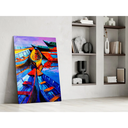 Vibrant colorful boats glass wall art with bold abstract harbor scene