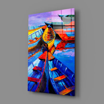 Vibrant abstract boats in blues oranges purples on glossy glass wall art