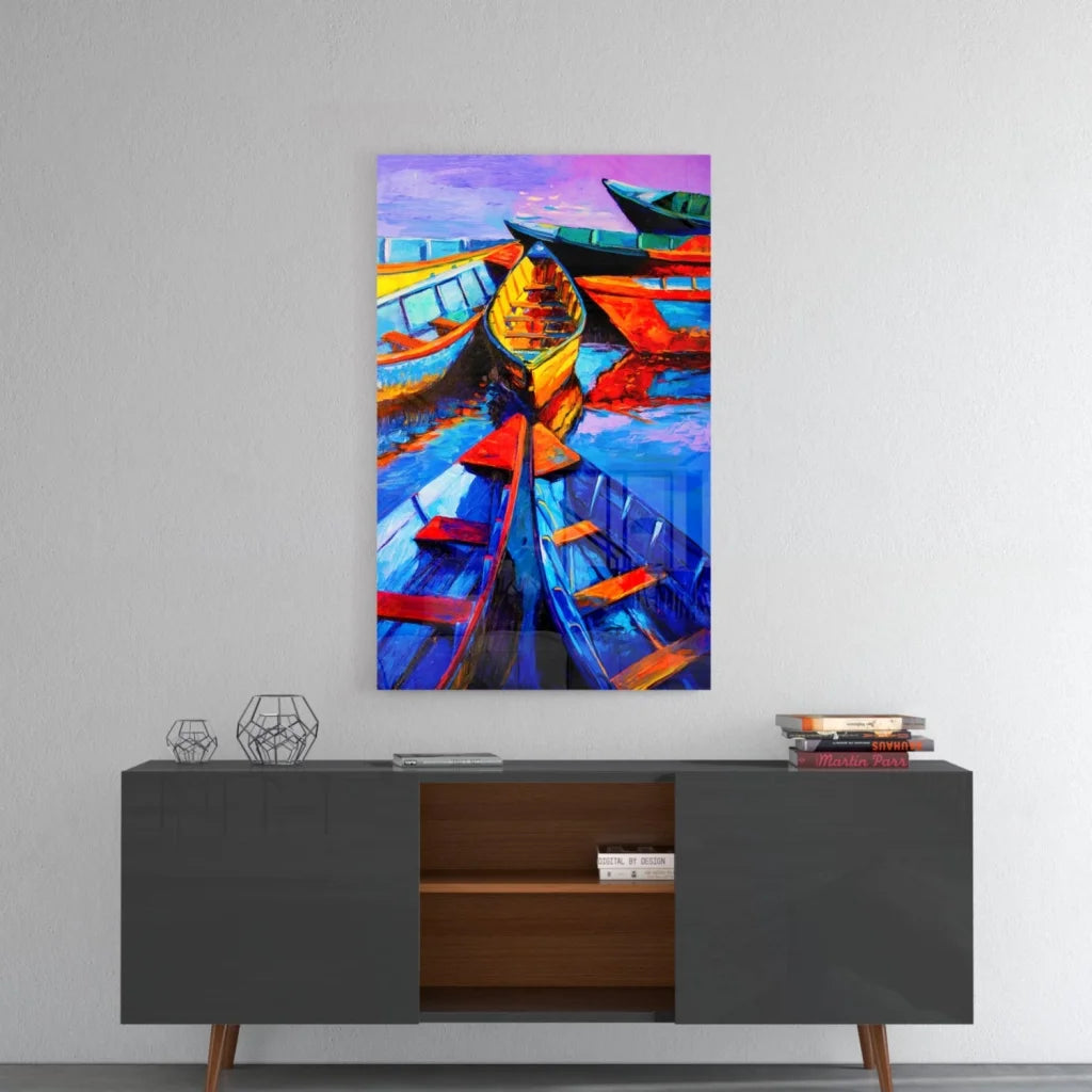 Vibrant abstract glass wall art of colorful boats in bold harbor scene