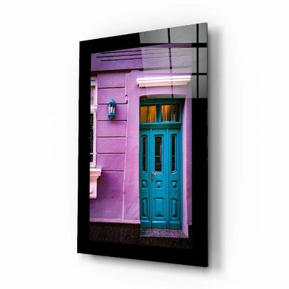 Turquoise Door Canvas Wall Art with Purple Building Print | Insigneart USA | vintageantiquesgifts.com
